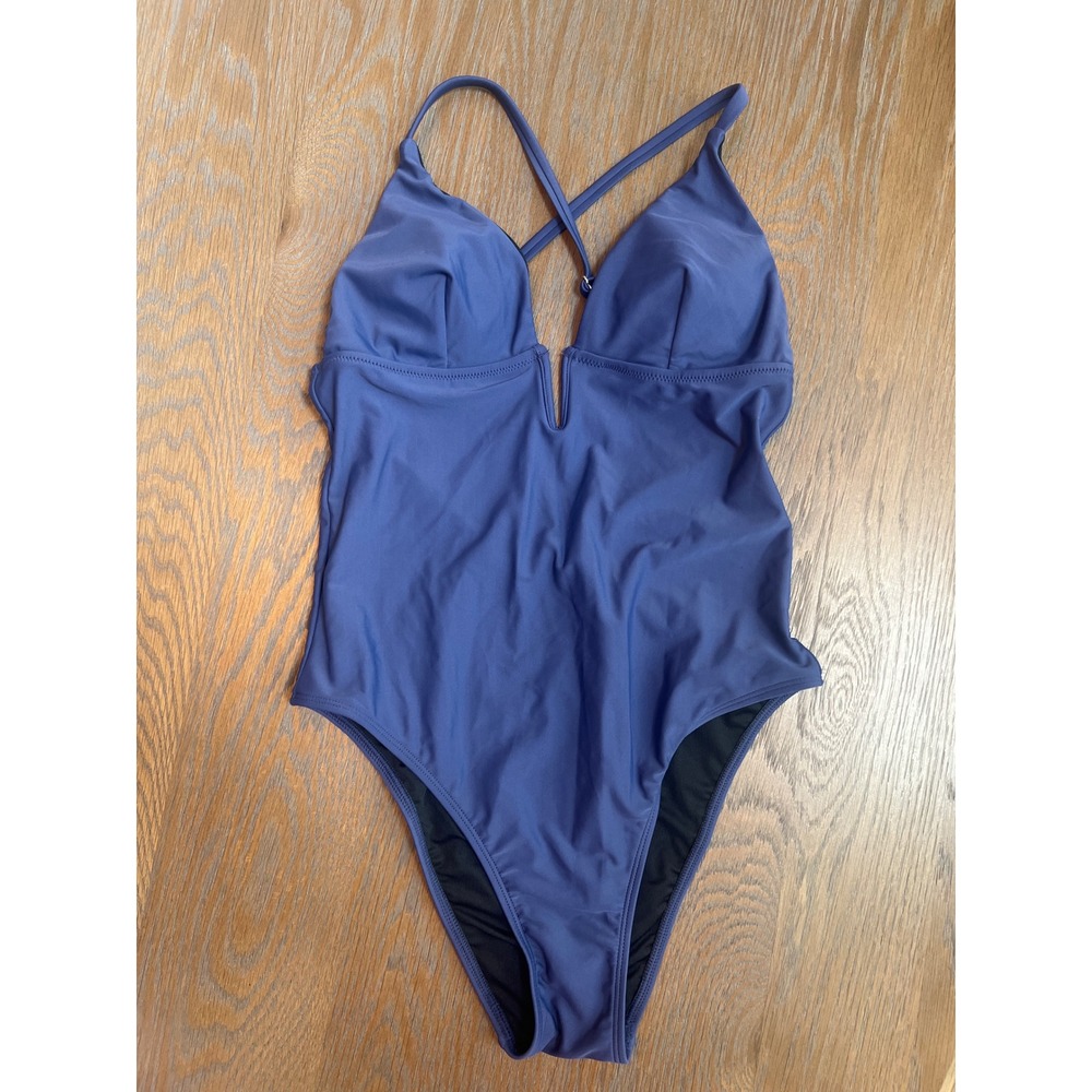 Cupshe V-Neck Wired U-Bar Cross Back One Piece Swimsuit Blue  S